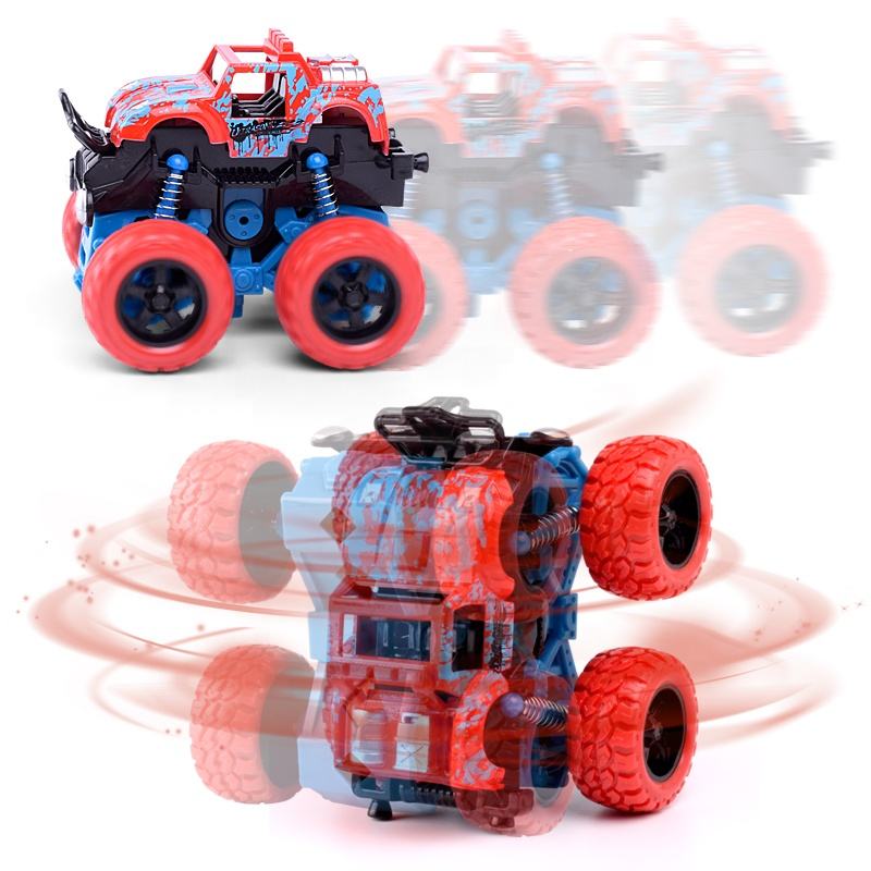 Pack of 2 Friction Powered Monster Truck Toy, Push & Go 4WD Off-Road Car for Kids, Amazing Stunts 360 Spin.(Random Colors)