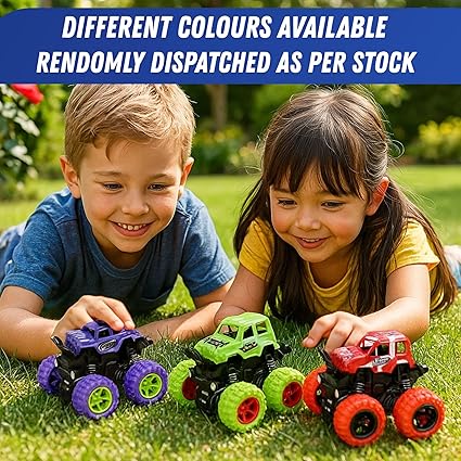 Pack of 2 Friction Powered Monster Truck Toy, Push & Go 4WD Off-Road Car for Kids, Amazing Stunts 360 Spin.(Random Colors)