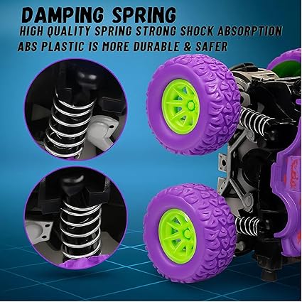 Pack of 2 Friction Powered Monster Truck Toy, Push & Go 4WD Off-Road Car for Kids, Amazing Stunts 360 Spin.(Random Colors)