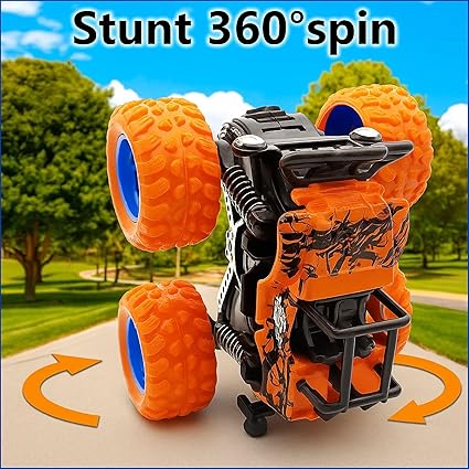 Pack of 2 Friction Powered Monster Truck Toy, Push & Go 4WD Off-Road Car for Kids, Amazing Stunts 360 Spin.(Random Colors)