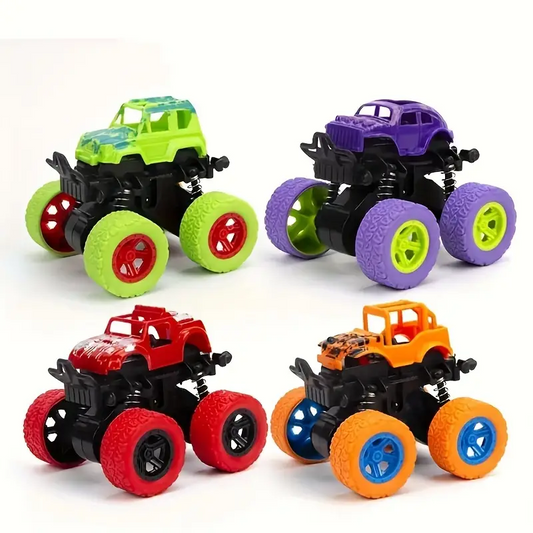 Pack of 2 Friction Powered Monster Truck Toy, Push & Go 4WD Off-Road Car for Kids, Amazing Stunts 360 Spin.(Random Colors)