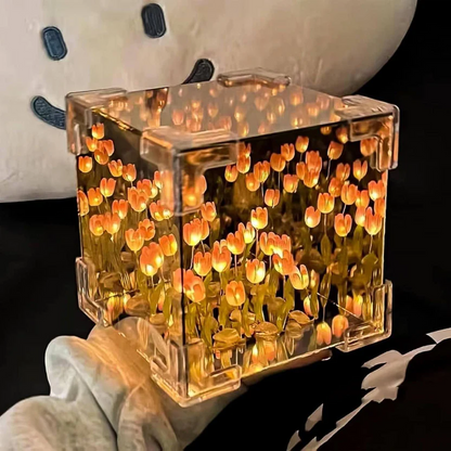 DIY Tulip Cube Mirror Lamp | Flowers LED Decorative Lamp (Square)