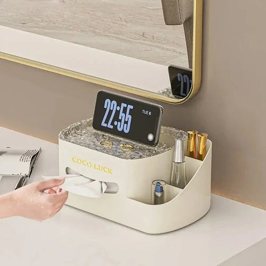 Modern Makeup Organizer - Cosmetic Display with Tissue Box & Desk Storage
