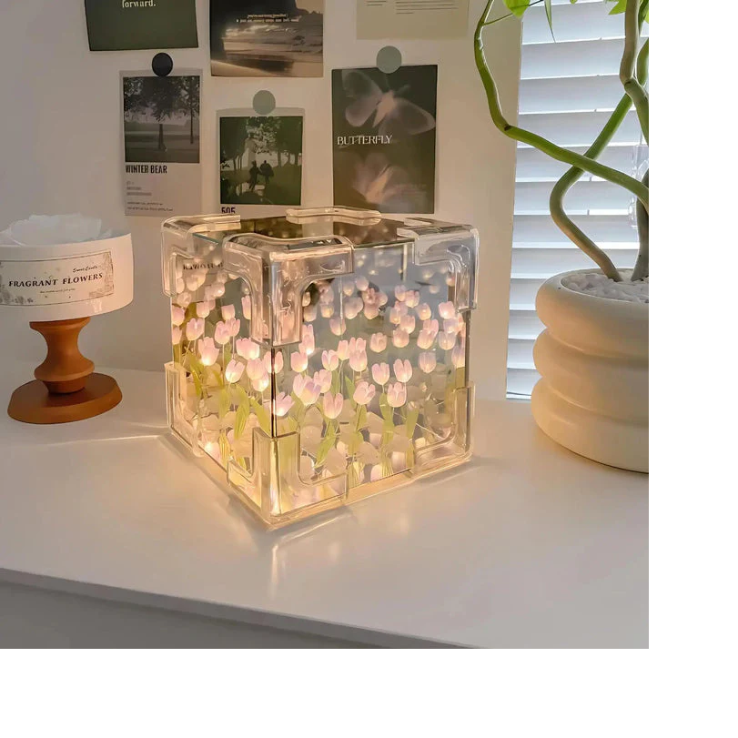 DIY Tulip Cube Mirror Lamp | Flowers LED Decorative Lamp (Square)