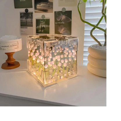 DIY Tulip Cube Mirror Lamp | Flowers LED Decorative Lamp (Square)