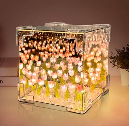 DIY Tulip Cube Mirror Lamp | Flowers LED Decorative Lamp (Square)