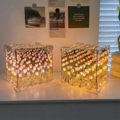 DIY Tulip Cube Mirror Lamp | Flowers LED Decorative Lamp (Square)
